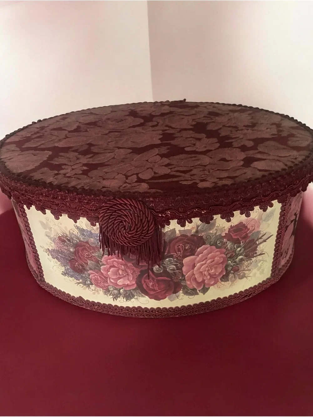 Vintage Burgundy Floral Decorative Hat Box with Tassel Trim Romantic